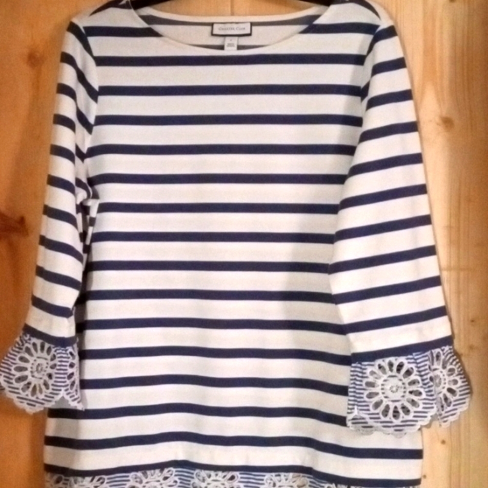 White And Blue Striped Blouse.